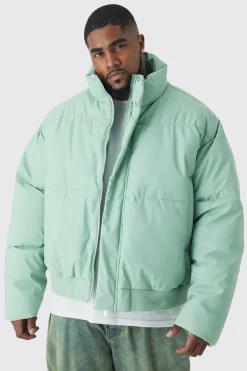 Plus Matte Pu Funnel Neck Puffer In Sage | BoohooMAN UK