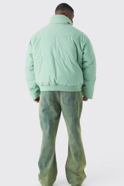 Plus Matte Pu Funnel Neck Puffer In Sage | BoohooMAN UK