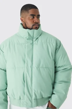 Plus Matte Pu Funnel Neck Puffer In Sage | BoohooMAN UK