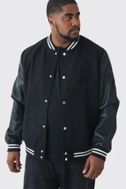 Plus Melton And PU Sleeve Varsity Jacket In Black | BoohooMAN UK