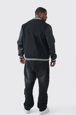 Plus Melton And PU Sleeve Varsity Jacket In Black | BoohooMAN UK
