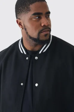 Plus Melton And PU Sleeve Varsity Jacket In Black | BoohooMAN UK