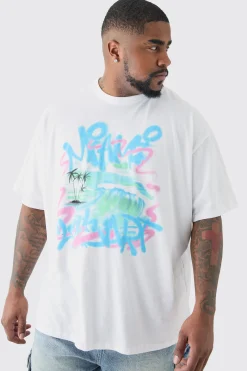 Plus Miami Doodle Print T-shirt In White | BoohooMAN UK