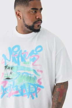 Plus Miami Doodle Print T-shirt In White | BoohooMAN UK