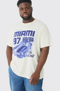 Plus Miami Moto Print T-shirt | BoohooMAN UK