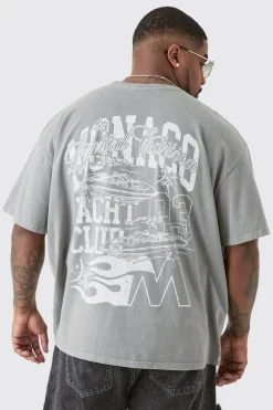 Plus Monaco Moto Back Print Graphic T-shirt In Grey | BoohooMAN UK