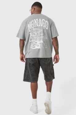 Plus Monaco Moto Back Print Graphic T-shirt In Grey | BoohooMAN UK