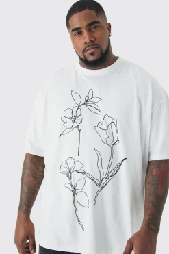 Plus Mono Abstract Floral Printed T-shirt In White | BoohooMAN UK