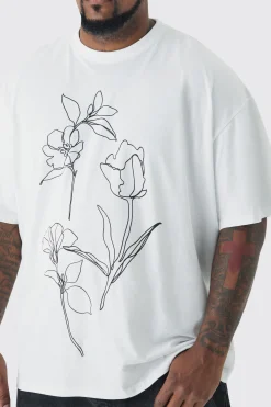 Plus Mono Abstract Floral Printed T-shirt In White | BoohooMAN UK