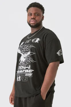 Plus Mono Eagle Print Moto T-shirt | BoohooMAN UK