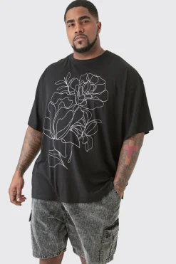 Plus Mono Floral Stencil Printed T-shirt In Black | BoohooMAN UK
