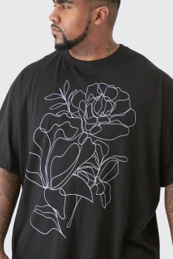 Plus Mono Floral Stencil Printed T-shirt In Black | BoohooMAN UK