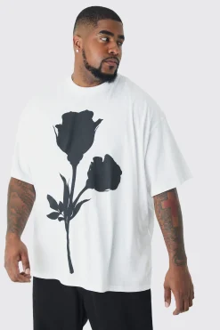 Plus Mono Placement Floral Printed T-shirt In White | BoohooMAN UK