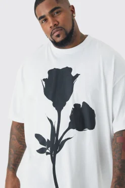 Plus Mono Placement Floral Printed T-shirt In White | BoohooMAN UK