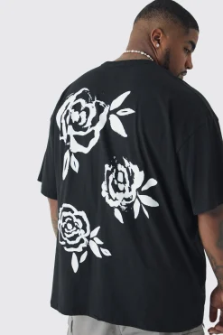 Plus Mono Rose Floral Back Print T-shirt In Black | BoohooMAN UK