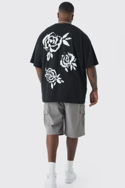 Plus Mono Rose Floral Back Print T-shirt In Black | BoohooMAN UK
