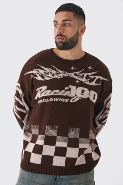 Plus Moto Crew Neck Knitted Jumper In Brown | BoohooMAN UK