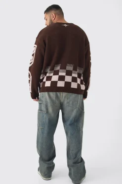 Plus Moto Crew Neck Knitted Jumper In Brown | BoohooMAN UK