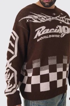 Plus Moto Crew Neck Knitted Jumper In Brown | BoohooMAN UK