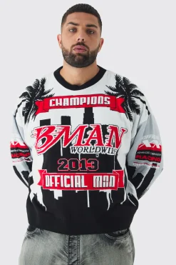 Plus Moto Graphic Knitted Sweatshirt | BoohooMAN UK
