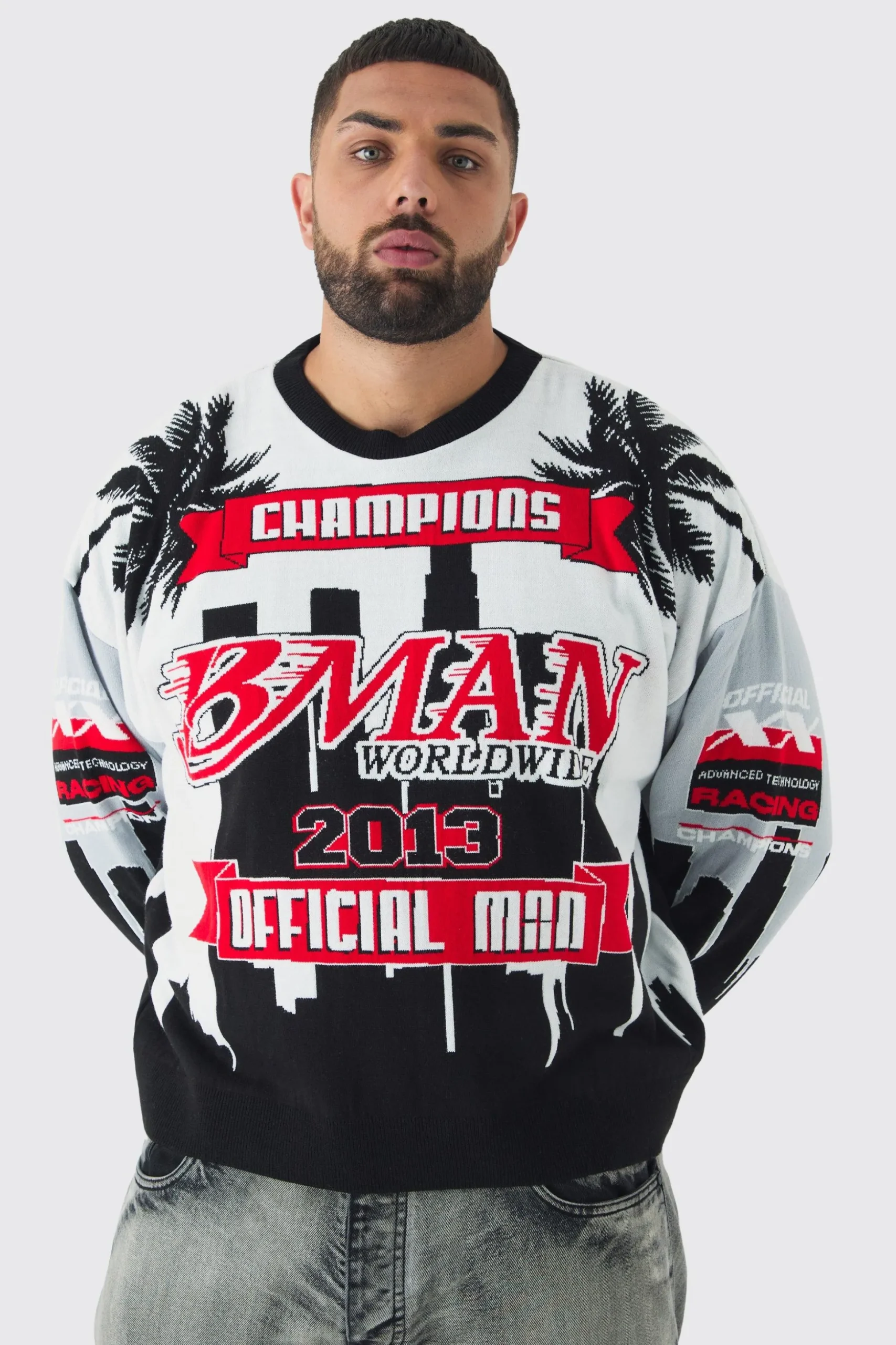 Plus Moto Graphic Knitted Sweatshirt | BoohooMAN UK