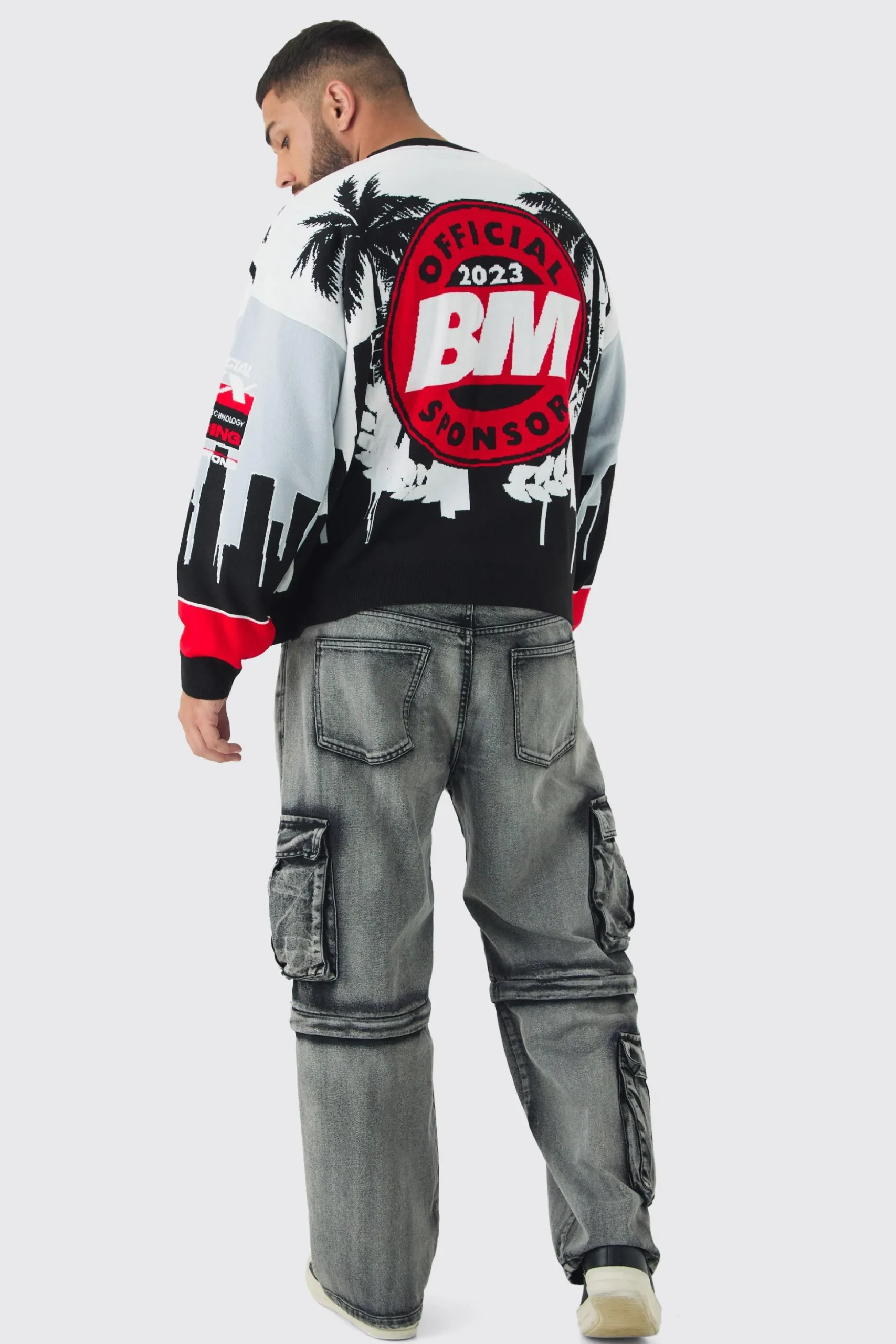 Plus Moto Graphic Knitted Sweatshirt | BoohooMAN UK
