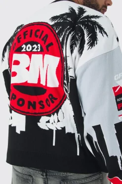 Plus Moto Graphic Knitted Sweatshirt | BoohooMAN UK