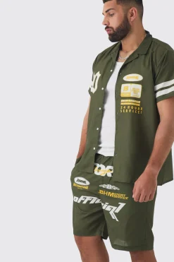 Plus Moto Print Shirt & Short Set In Khaki | BoohooMAN UK