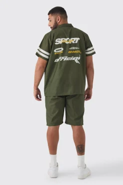 Plus Moto Print Shirt & Short Set In Khaki | BoohooMAN UK