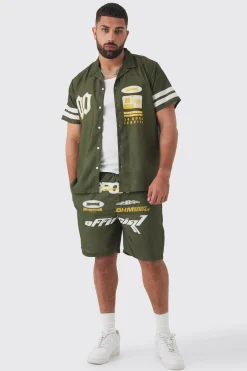 Plus Moto Print Shirt & Short Set In Khaki | BoohooMAN UK