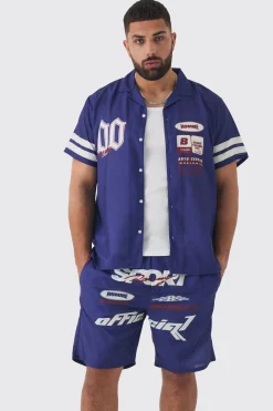 Plus Moto Print Shirt & Short Set In Navy | BoohooMAN UK