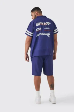 Plus Moto Print Shirt & Short Set In Navy | BoohooMAN UK