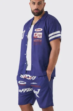 Plus Moto Print Shirt & Short Set In Navy | BoohooMAN UK