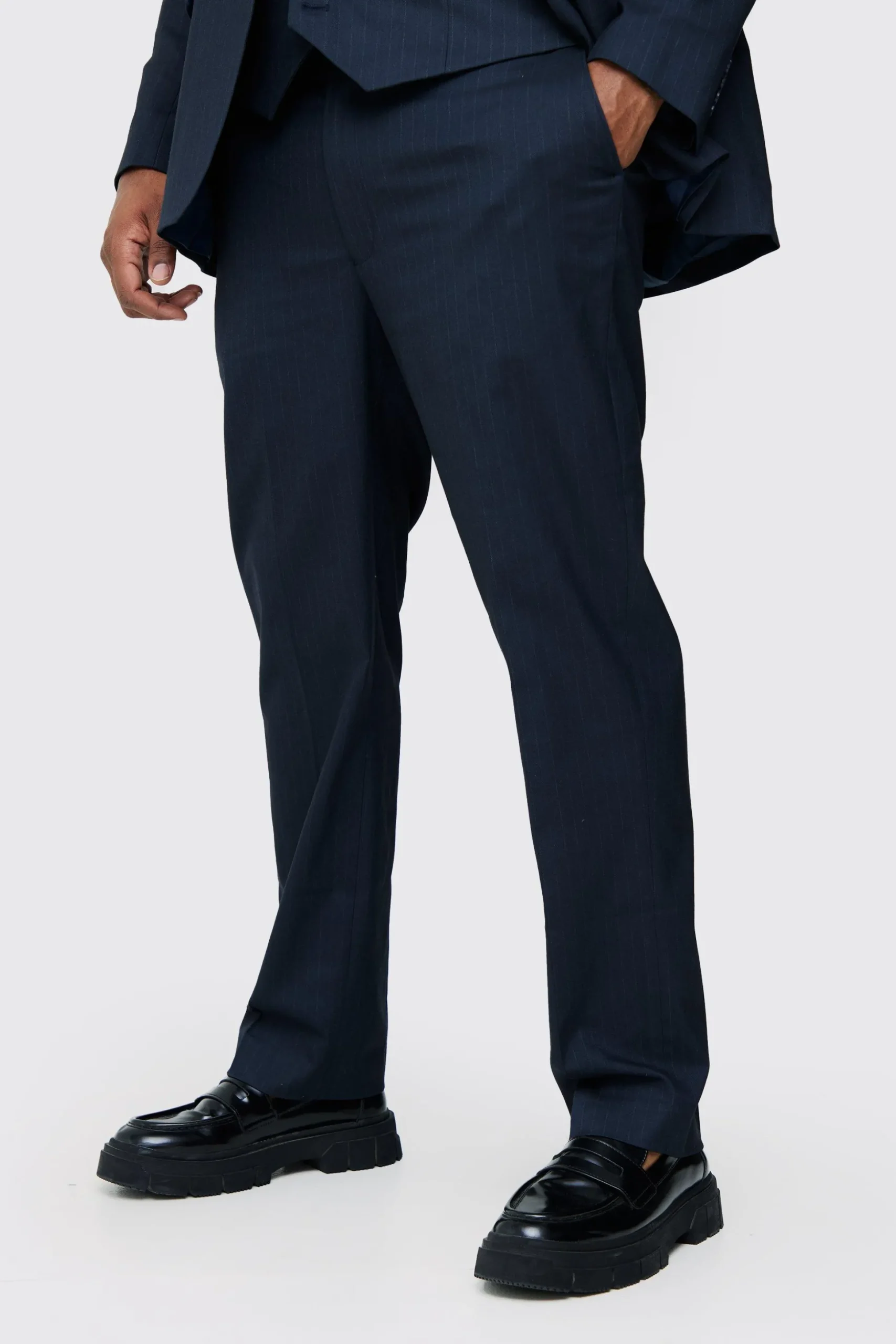 Plus Navy Pinstripe Regular Fit Suit Trouser | BoohooMAN UK