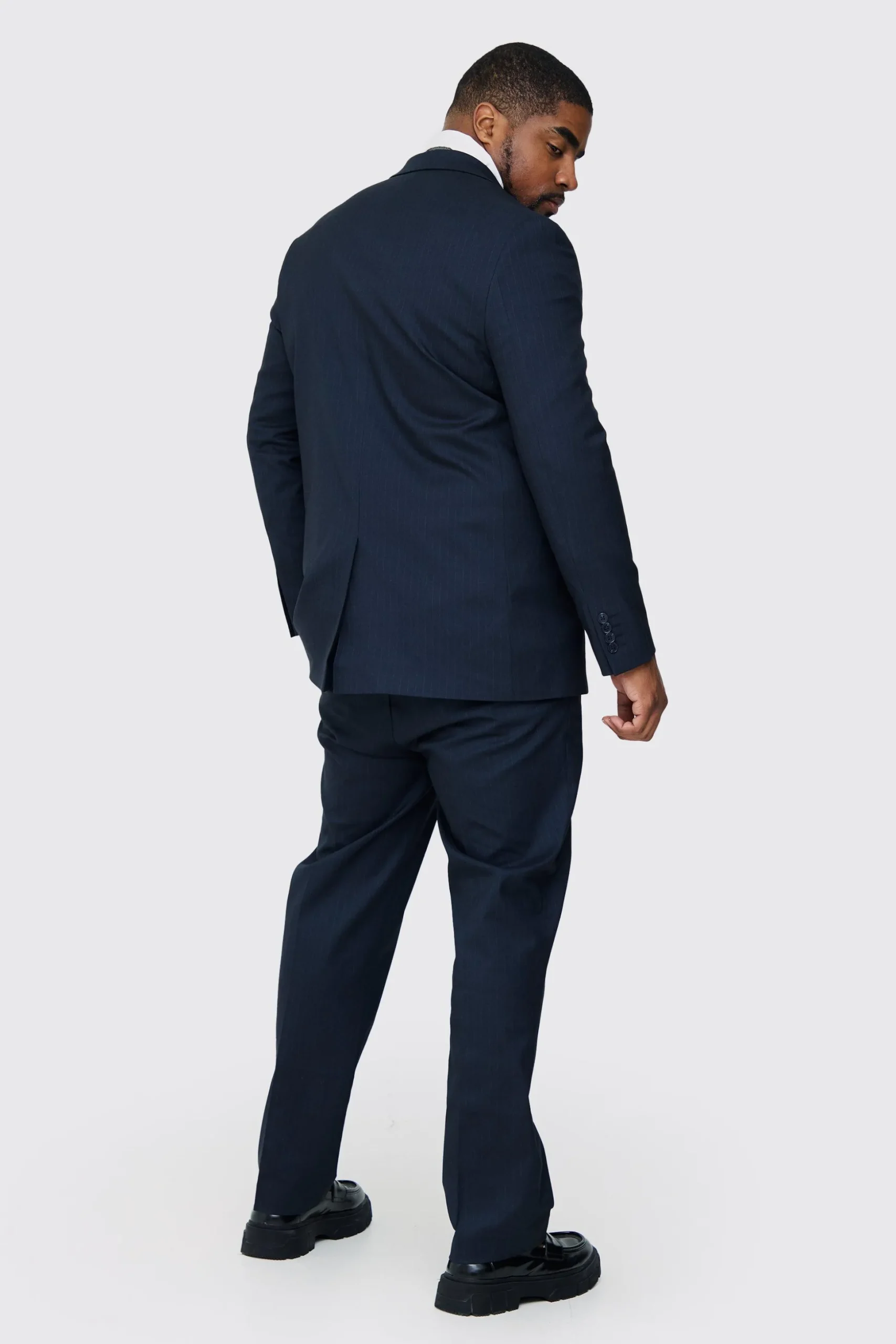 Plus Navy Pinstripe Regular Fit Suit Trouser | BoohooMAN UK