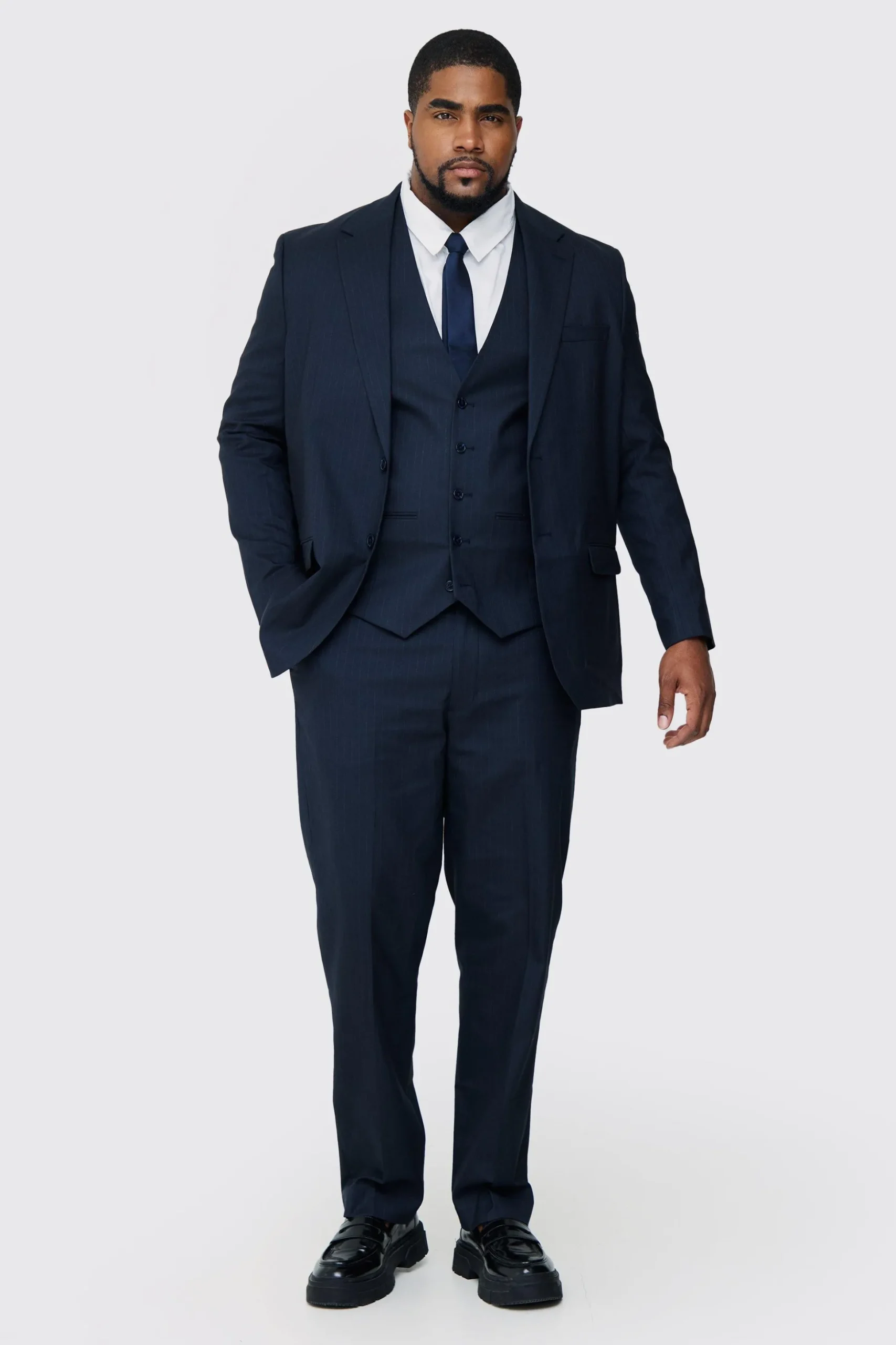 Plus Navy Pinstripe Regular Fit Suit Trouser | BoohooMAN UK