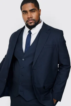 Plus Navy Pinstripe Regular Fit Suit | BoohooMAN UK