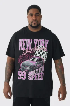 Plus New York Moto Print T-shirt | BoohooMAN UK