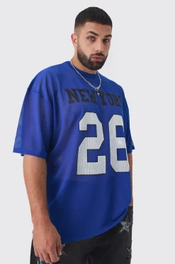 Plus New York Printed Mesh Varsity T-shirt In Blue | BoohooMAN UK