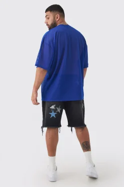 Plus New York Printed Mesh Varsity T-shirt In Blue | BoohooMAN UK