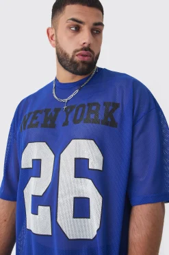 Plus New York Printed Mesh Varsity T-shirt In Blue | BoohooMAN UK