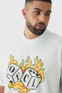 Plus OFCL Flame Dice Printed Extended Neck T-Shirt | BoohooMAN UK