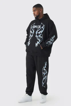 Plus OFCL Print Tracksuit In Black | BoohooMAN UK