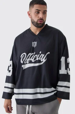 Plus Official 13 Oversized Hockey T-Shirt In Black | BoohooMAN UK