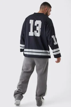 Plus Official 13 Oversized Hockey T-Shirt In Black | BoohooMAN UK