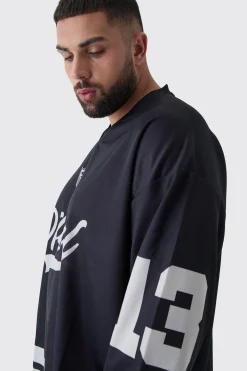 Plus Official 13 Oversized Hockey T-Shirt In Black | BoohooMAN UK