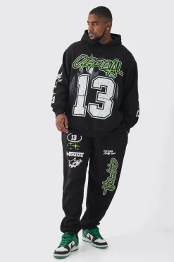 Plus Official 13 Print Oversized Tracksuit In Black | BoohooMAN UK