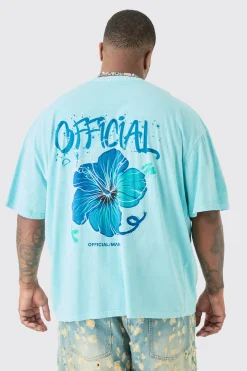Plus Official Floral Back Print T-shirt In Blue | BoohooMAN UK