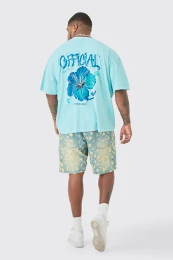 Plus Official Floral Back Print T-shirt In Blue | BoohooMAN UK