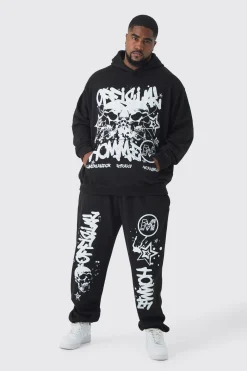 Plus Official Homme Skull Print Oversized Tracksuit In Black | BoohooMAN UK